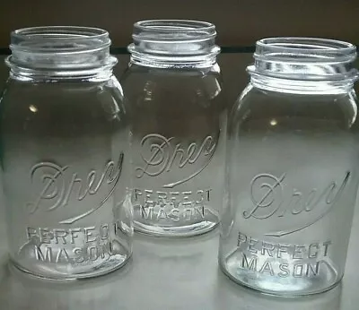 DREY MASON JARS Perfect Mason Quart Size Clear Glass Embossed Canning Lot Of 3  • $8.99