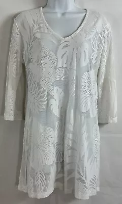 J Valdi Size S White Cutout Floral Swimsuit Cover Up 3/4 Sleeve V-Neck Short • $16.07