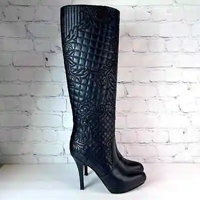 VERSACE Sexy Knee High Black Leather Quilted Boots • $425