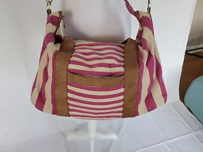 Merona Cream Pink Mauve Striped Tote Overnight Beach Bag Shoulder Strap  • $7