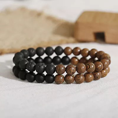 Men Women 8MM Black Onyx Lava Stone Yoga Mala Beaded Charm Chain Wrist Bracelets • $8.99