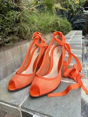 Vintage Fendi Neon Orange Mesh Tie Up Wedges Heels • $95