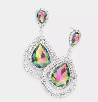 3” Vitrail Green Ab Long Rhinestone Crystal Pageant Dangle Earrings Multicolor • $16