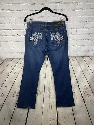 Ed Hardy Bootcut Leopard Rhinestone ￼Pockets Y2K Denim Jeans Size 26 EUC • $69.95