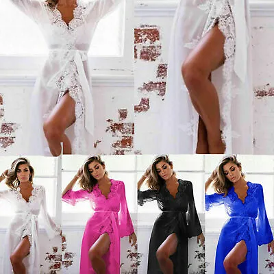Womens Sexy Long Kimono Robe Sheer Negligee Gown Lace Lingerie Maxi Nightdresss • £6.95