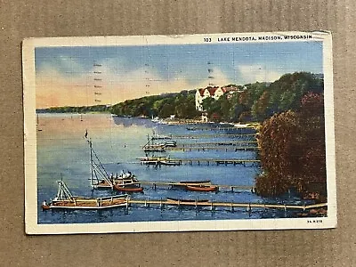 Postcard Madison WI Wisconsin Lake Mendota Piers Docks Boats Vintage PC • $2.29