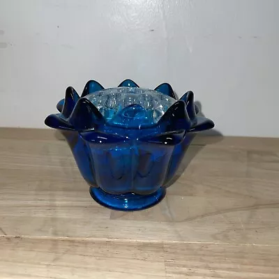 Vintage Viking Glass Artichoke Flowerlite Vase With Floral Frog Epic Blue Cobalt • $55