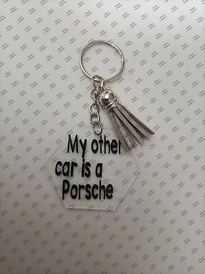 Vinyl Decorated Hexagon  Shape Acrylic Keyring  - My Other Car Is A Porche • £2.25