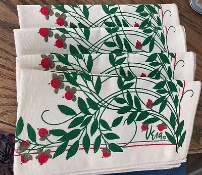 4 - Vintage Signed Vera  Red Berry Berries Cotton Napkins • $12.95