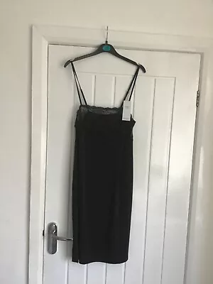 M&S Satin Slip Black Size 10 Lace Trim Thin Adjustable Straps BNWT • £7.99