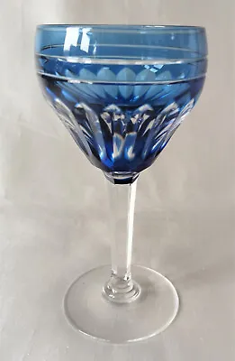 Val St Lambert Small Cerulean Blue Overlay Cut Crystal Hock/Wine Glass. 13cms • £35