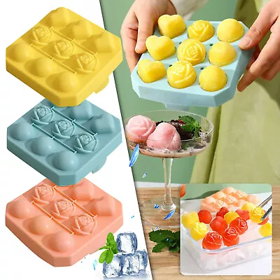 Reusable Rose Heart Ice Trays Silicone Ice Mould 9 Cavity SiliconeIce Ball Maker • £7.06