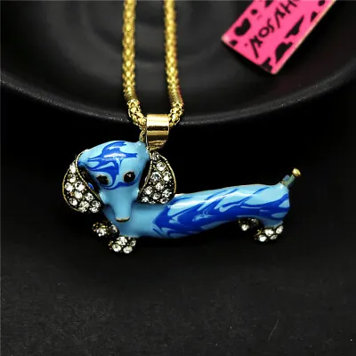 Fashion Women Dachshund Puppy Cute  Dog Blue Enamel Pendant Chain Necklace • $3.95