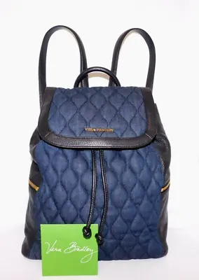 VERA BRADLEY Genuine Black Leather & Navy Denim Backpack - Perfect Condition New • $99.95