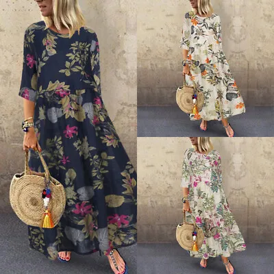 ZANZEA Womens Cotton Linen Bohemian Floral Hippie Summer Dancing Swing Dress HOT • $30.20