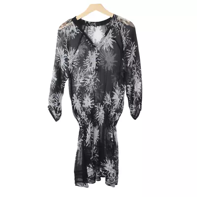 C.Luce Womens Dress Size M Black Floral Print Silk Cover Up Dolman Sleeve Mini • $28.80