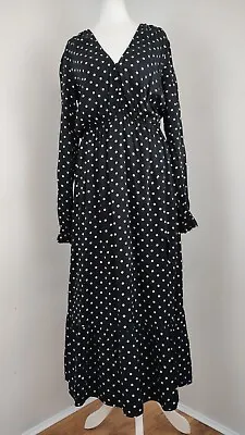 Zara Black Polka Dot Midi Dress Side Split Long Sleeve Button Loop XS • £3.99