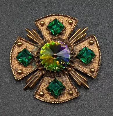 DODDS Vtg Watermelon Rivoli Green Rhinestone Maltese Cross Brooch Pin Pendant • $65