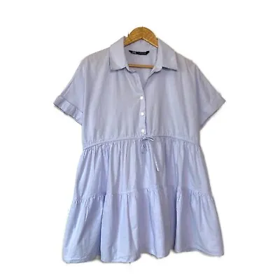 $22 • Buy Zara Powdered Blue Baby Doll Tiered Short Sleeve Chambray Dress Size M #ii