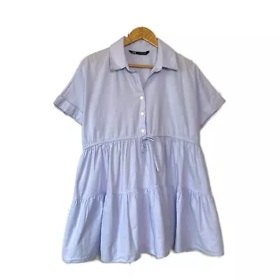 $22 • Buy Zara Powdered Blue Baby Doll Tiered Short Sleeve Chambray Dress Size M #ii