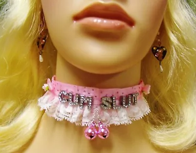 ANY Words - 7 Bell Options - Any Size Personalize Choker Collar LOCK Pink Lace • $37.95