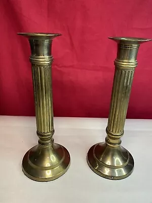 Vintage Pair Brass Spindle Column Candle Stick Holders Rounded Bottom 7'' Tall • $18.50