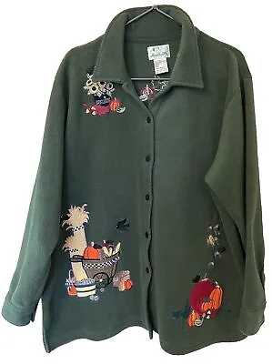 Quacker Factory Women's Green Fall Harvest Pumpkin Fleece Button Jacket PLUS 2X • $34.99