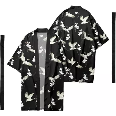 Mens Japanese Ethnic Crane Pattern Kimono Retro Cardigan Coat Outdoor Yukata New • £27.17