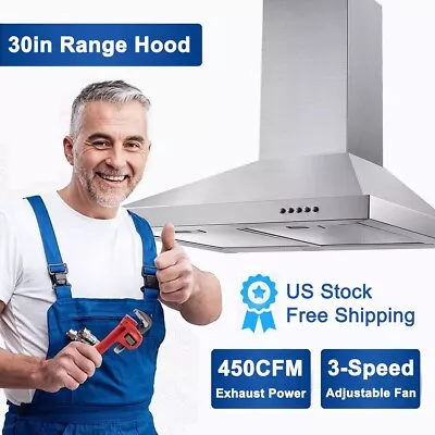 Wall Mount 30in Range Hood Vent Stainless Steel 450CFM Ducted/Ductless W/LED New • $119.99