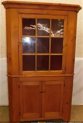 19th C Pine Two-Part Nine Panel Glass Door Corner Cupboard  • $716