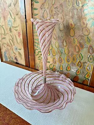 Vintage Murano Art Glass Pink Latticino Swirl Candy Dish / Trumpet Vase • $275