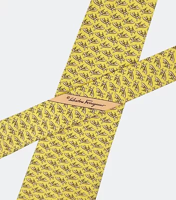 Salvatore Ferragamo Tie Boat Print Silk Yellow Necktie Width 3 5/8  • $19.99