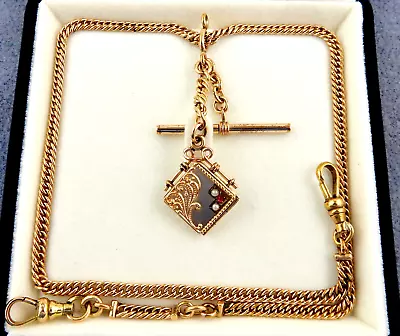 Antique Gold Filled 17  Pocket Watch Chain Necklace W/ Ruby Pearl Locket Fob • £166.28