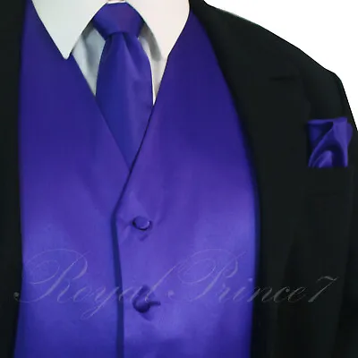 MEN SOLID PROM Tuxedo Suit Dress Vest Waistcoat & Neck Tie HANKIE Wedding 3 IN 1 • $21.85