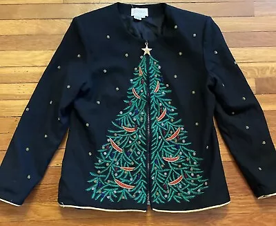 Vintage 90s Jenna Christmas Tree Wool Sweater Embroidered Beaded Full Zip 8 EUC • $18.50