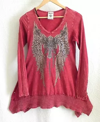 Vocal Tunic Stonewished Rustic Maroon Cotton Long Sleeve Asymmetrical Rhinestone • $29.74