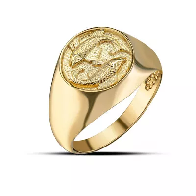 Men's Yellow Gold Hammered Pisces Zodiac Sign Signet Ring • $559.99