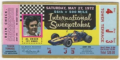 1972 INDIANAPOLIS INDY 500 Mile Sweepstakes Ticket Stub MARK DONOHUE 5/27/72 • $19.99