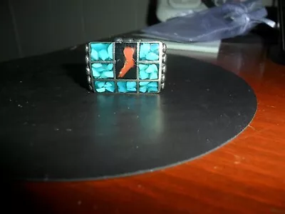 Vintage Turquoise Coral Ring Guc American Made Size 6 1/2 Large Beautiful Piece • $14.99