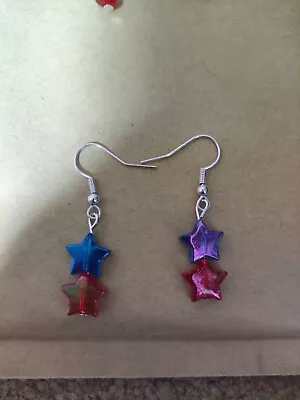 Silver Plated Fishhook Blue And Red Acrylic Star Earrings • $2.21