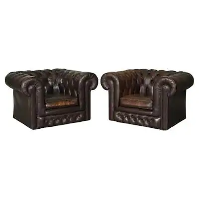 Pair Vintage Distressed Brown Leather Chesterfield Gentlemans Club Tub Armchairs • $2463.34