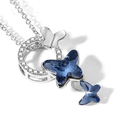 Women Fashion Silver Butterfly Blue Zircon Pendant Necklace Jewelry For Mum Gift • $0.92