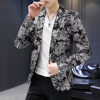 Fashion Mens Floral Printed Jacket Single Breasted Nightclub Short Coat Sz • $59.51