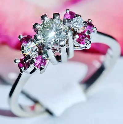 18k White Gold Engagement Ring 0.95ct Diamond Ruby Size 6 Handmade Vintage 3.4gr • $2850