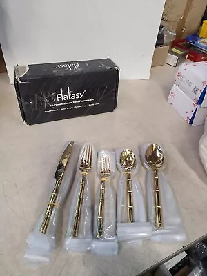 Flatasy Flatware Set Gold Silverware Set With Bamboo Pattern Mirror Polished 20 • $89.95