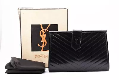 Yves Saint Laurent [Rank AA] Clutch Bag Black YSL Leather Vintage V-stitch Auth • $637.52