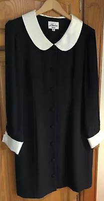 VTG Womens Harlow Dress Black Button Front Wht Satin Cuffs Peter Pan Collar 12 • $45