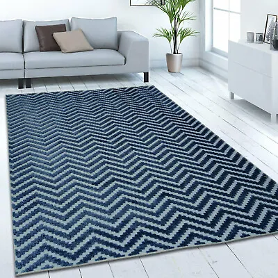 Navy Blue Rug Chevron Zig Zag Tufted Pattern Large XL Small Woven Carpet Rug Mat • £39.99