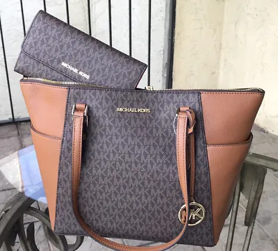 Michael Kors PVC Leather Brown Shoulder Tote Purse Bag Handbag +Trifold Wallet • $178