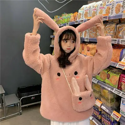 Lady Cute Bunny Ear Hoodie +Bag Thick Fleece Sweatshirt Winter Pullover Harajuku • £21.59